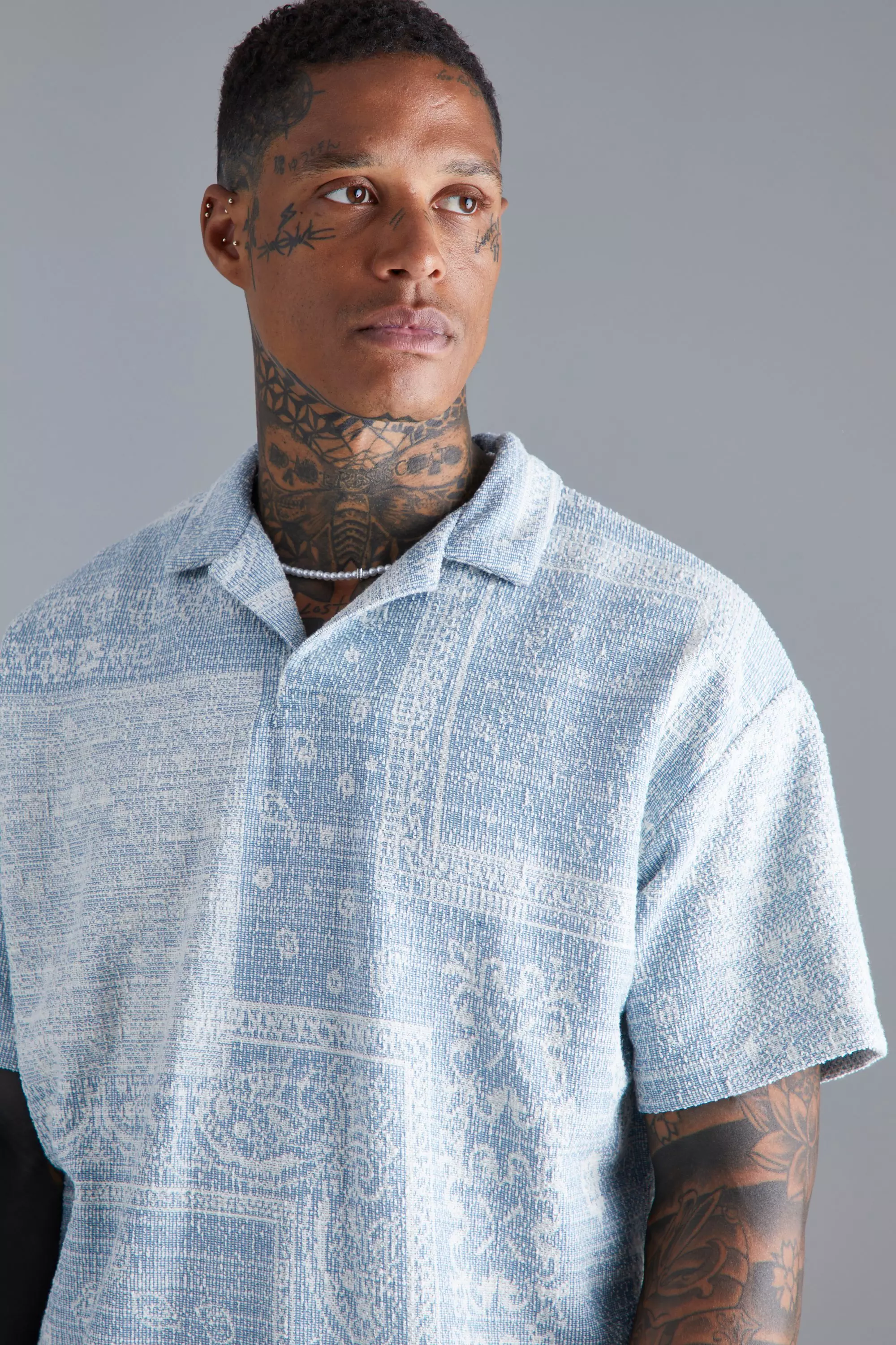 Oversized Revere Jacquard Bandana Polo boohooMAN USA